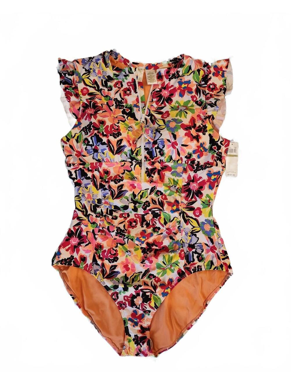 Anne Cole Women's Size 14 Floral Ruffle Sleeve Swimsuit w/Zip Front